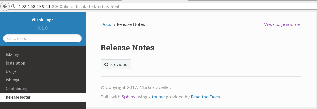 Example app's documentation with Sphinx: Using *reno*